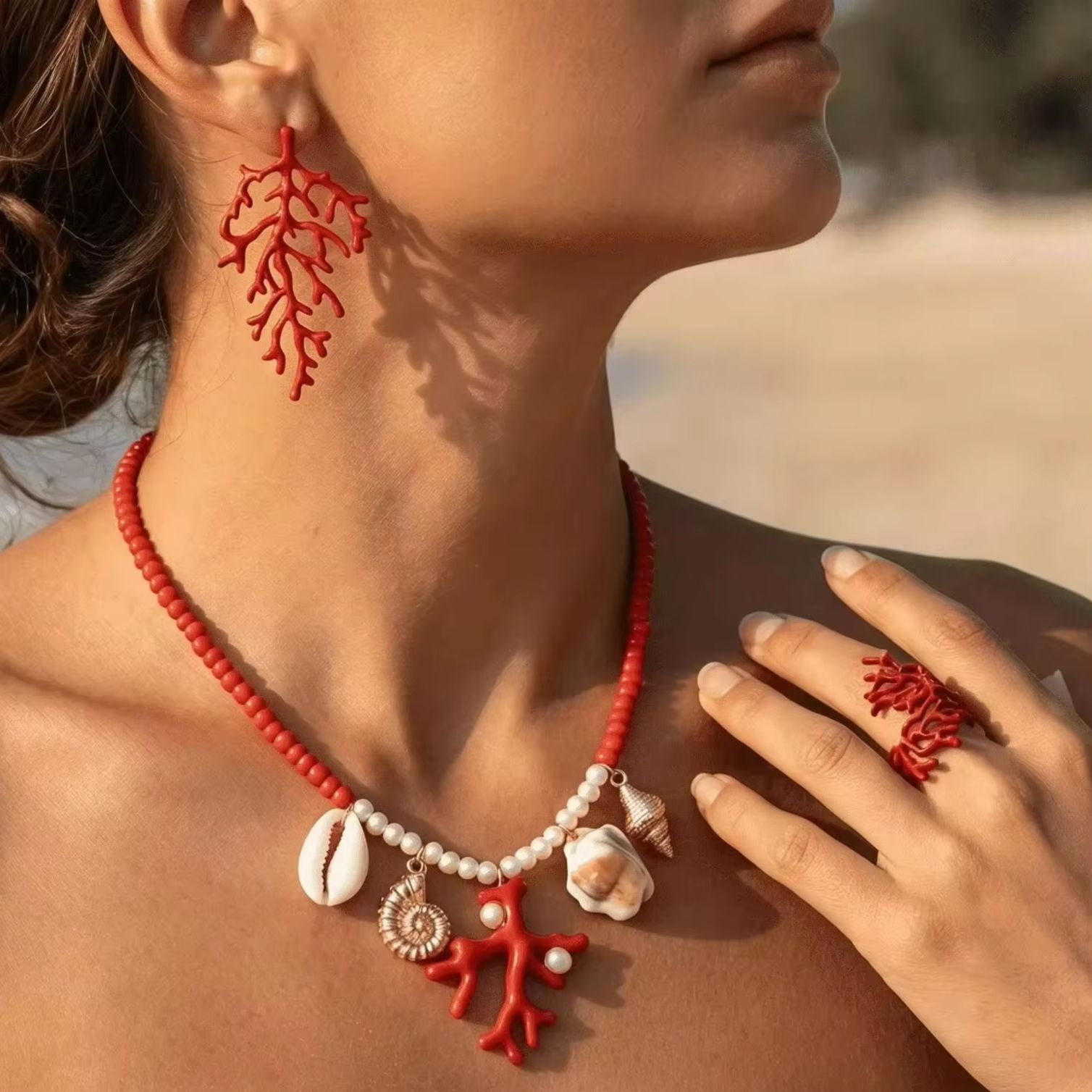 Bohemian Red Coral Branch Ring - Conch Earring Hoop review and price